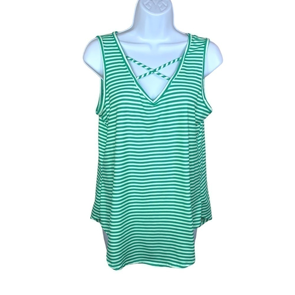 BomBom Green White Striped V Neck Strappy Tank Top Small Stretch